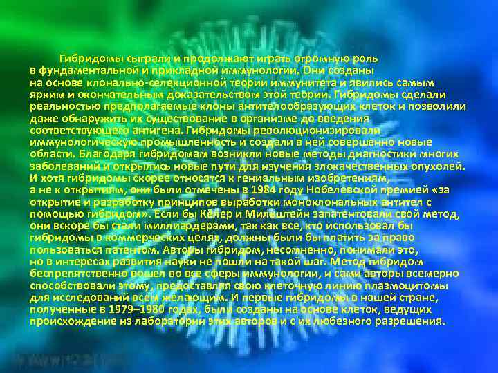 Гибридомы сыграли и продолжают играть огромную роль в фундаментальной и прикладной иммунологии. Они созданы