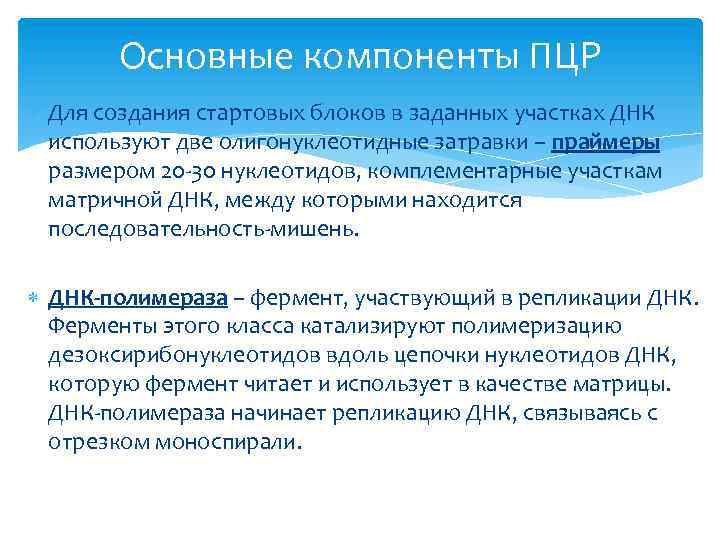 Основные компоненты ПЦР Для создания стартовых блоков в заданных участках ДНК используют две олигонуклеотидные