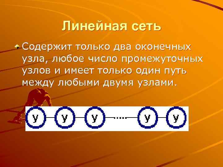 Линейная сеть Содержит только два оконечных узла, любое число промежуточных узлов и имеет только