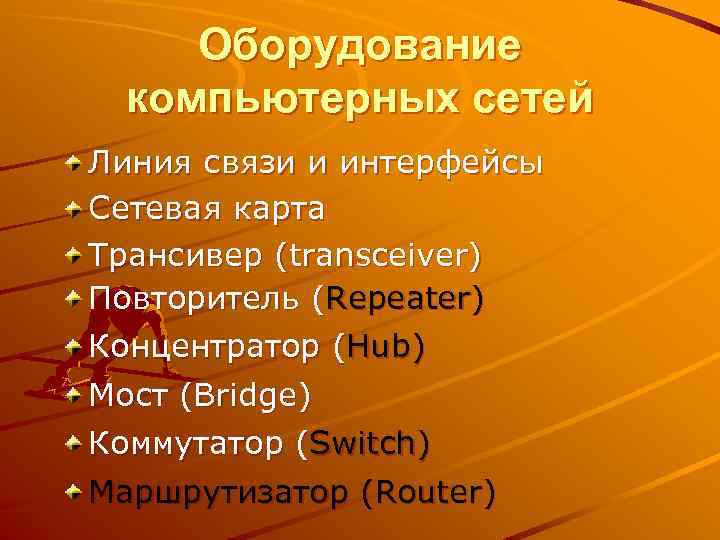 Оборудование компьютерных сетей Линия связи и интерфейсы Сетевая карта Трансивер (transceiver) Повторитель (Repeater) Концентратор
