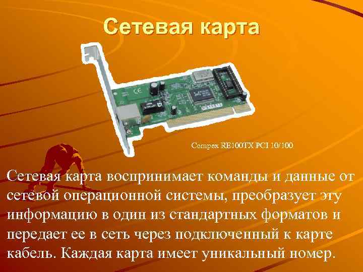 Сетевая карта Compex RE 100 TX PCI 10/100 Сетевая карта воспринимает команды и данные