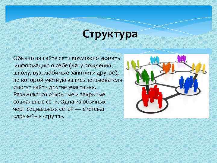 Структура Обычно на сайте сети возможно указать информацию о себе (дату рождения, школу, вуз,
