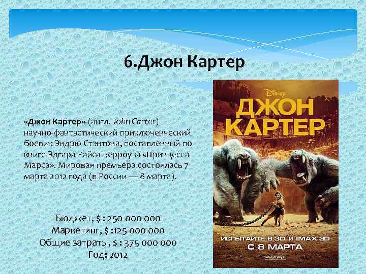 6. Джон Картер «Джон Картер» (англ. John Carter) — научно-фантастический приключенческий боевик Эндрю Стэнтона,