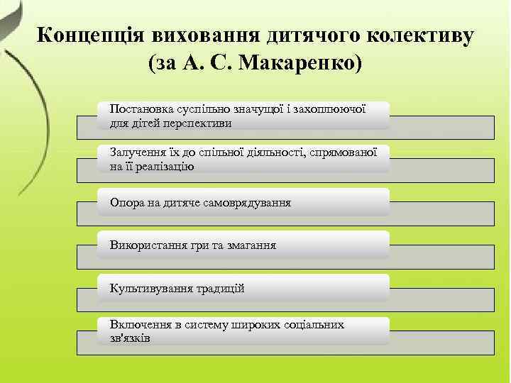 Концепція виховання дитячого колективу (за А. С. Макаренко) Постановка суспільно значущої і захоплюючої для