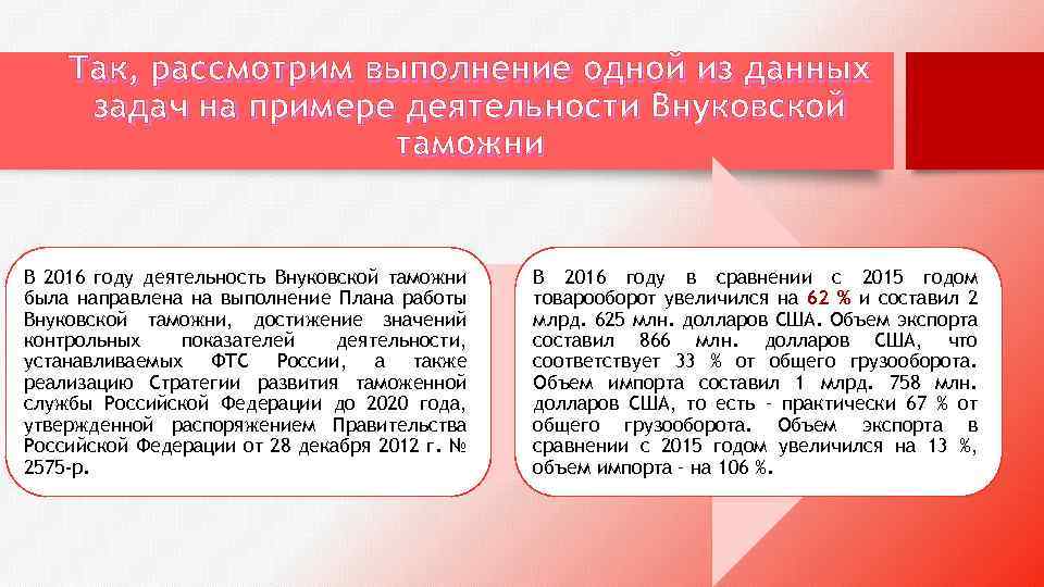 Так, рассмотрим выполнение одной из данных задач на примере деятельности Внуковской таможни В 2016