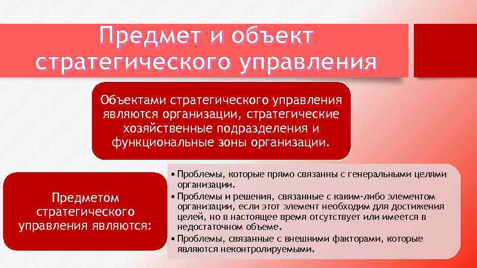 Предмет и объект стратегического управления Объектами стратегического управления являются организации, стратегические хозяйственные подразделения и