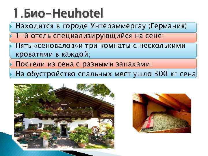 1. Био-Heuhotel Находится в городе Унтераммергау (Германия) 1 -й отель специализирующийся на сене; Пять