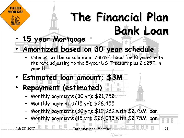 The Financial Plan Bank Loan • 15 year Mortgage • Amortized based on 30