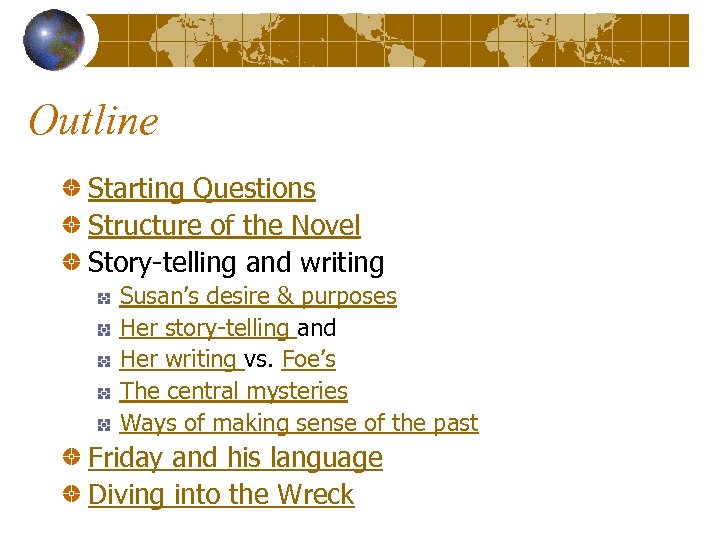 Outline Starting Questions Structure of the Novel Story-telling and writing Susan’s desire & purposes