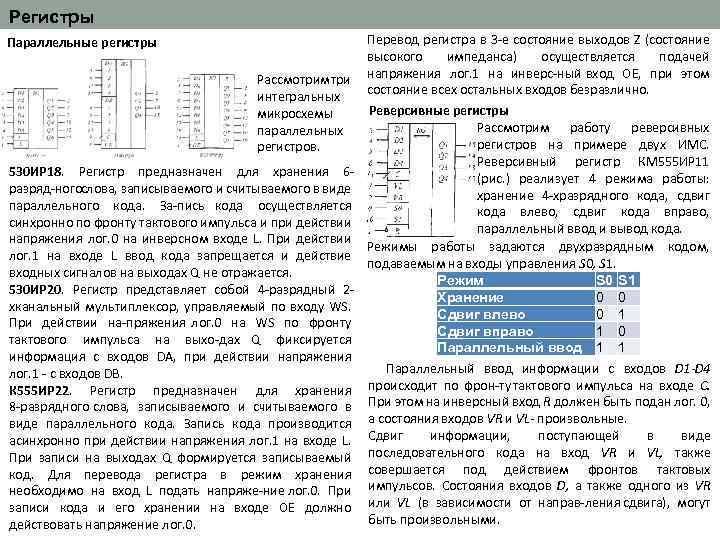 Регистры Параллельные регистры Рассмотрим три интегральных микросхемы параллельных регистров. 530 ИР 18. Регистр предназначен