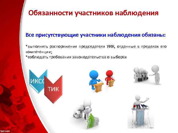 Обязанности участников наблюдения Все присутствующие участники наблюдения обязаны: *выполнять распоряжения председателя УИК, отданные в