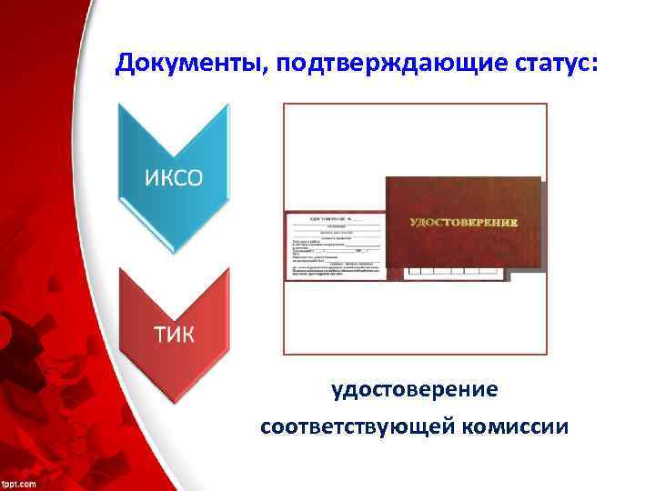 Документы, подтверждающие статус: удостоверение соответствующей комиссии 