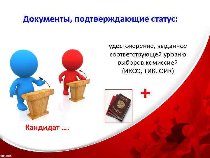 Документы, подтверждающие статус: удостоверение, выданное соответствующей уровню выборов комиссией (ИКСО, ТИК, ОИК) + Кандидат