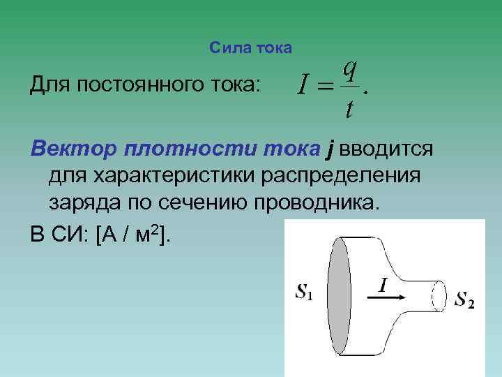 Сила тока Для постоянного тока: Вектор плотности тока j вводится для характеристики распределения заряда