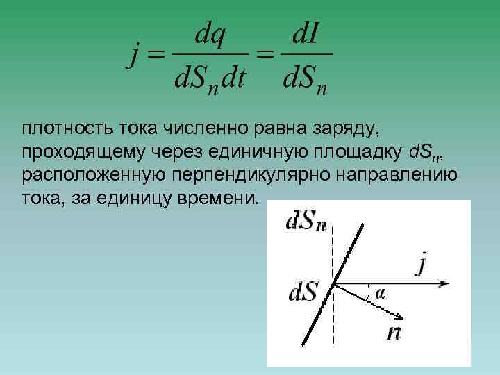плотность тока численно равна заряду, проходящему через единичную площадку d. Sn, расположенную перпендикулярно направлению