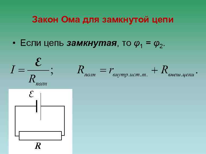 Закон Ома для замкнутой цепи • Если цепь замкнутая, то φ1 = φ2. 