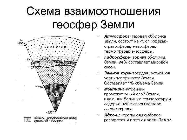 Схема взаимоотношения геосфер Земли • • • Атмосфера- газовая оболочка земли, состоит из: -тропосферы;
