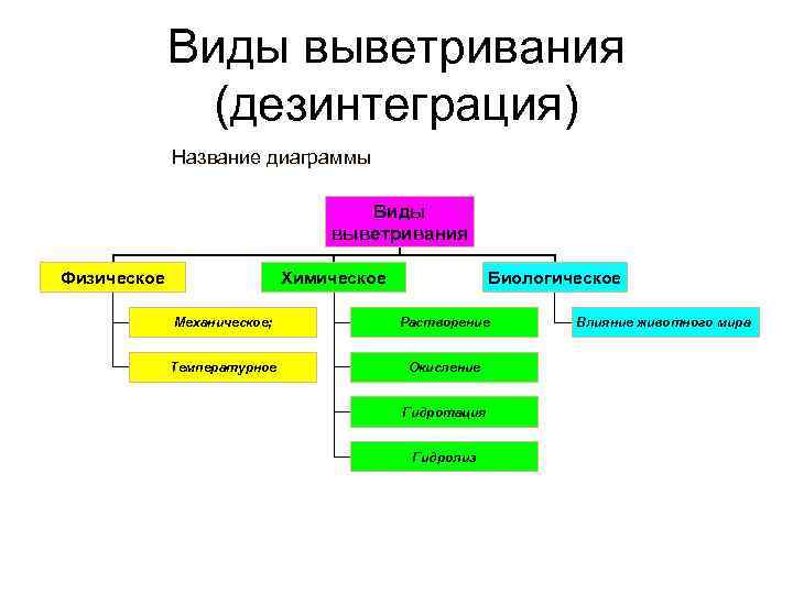 Виды выветривания (дезинтеграция) Название диаграммы Виды выветривания Физическое Химическое Биологическое Механическое; Растворение Температурное Окисление