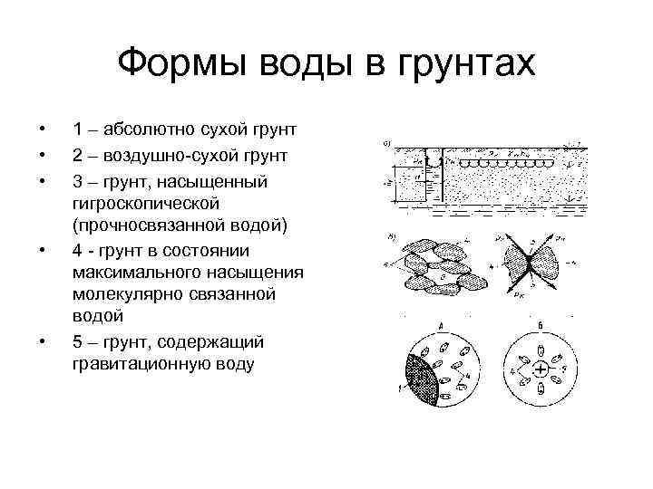 Формы воды в грунтах • • • 1 – абсолютно сухой грунт 2 –