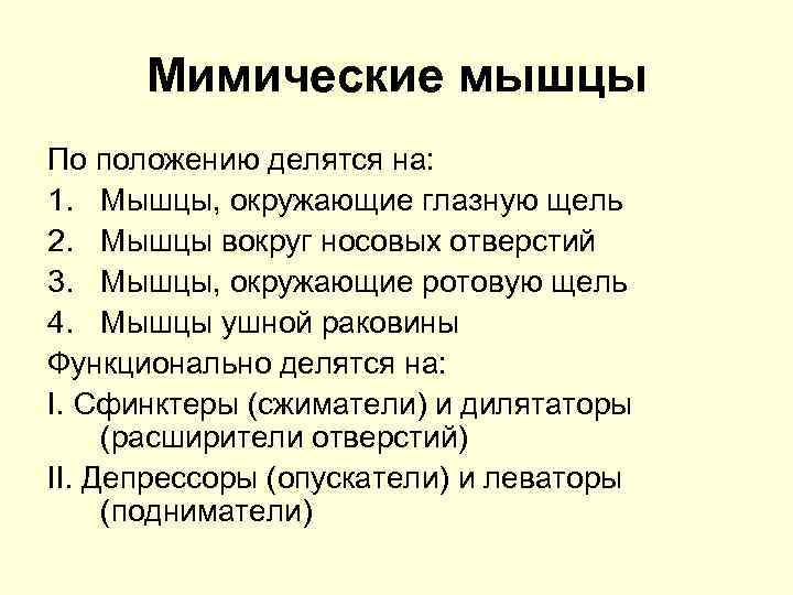 Мимические мышцы По положению делятся на: 1. Мышцы, окружающие глазную щель 2. Мышцы вокруг