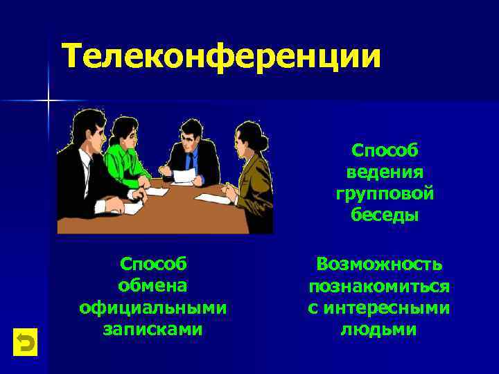 Телеконференции Способ ведения групповой беседы Способ обмена официальными записками Возможность познакомиться с интересными людьми