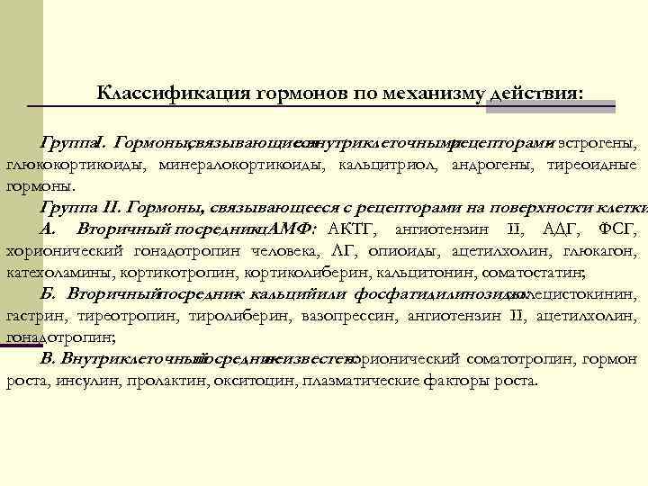 Классификация гормонов по механизму действия: Группа. I. Гормоны, связывающиеся с внутриклеточными рецепторами эстрогены, глюкокортикоиды,