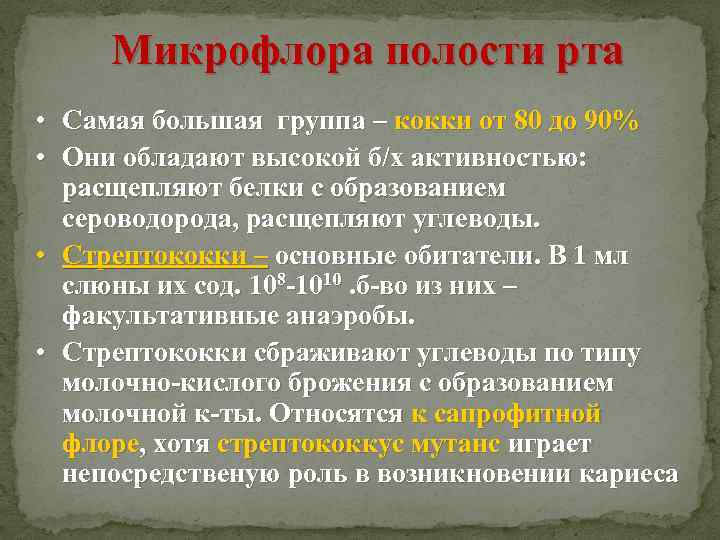 Микрофлора полости рта • Самая большая группа – кокки от 80 до 90% •