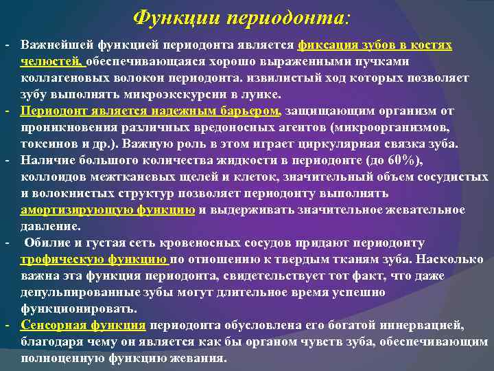 Функции периодонта: - Важнейшей функцией периодонта является фиксация зубов в костях челюстей, обеспечивающаяся хорошо