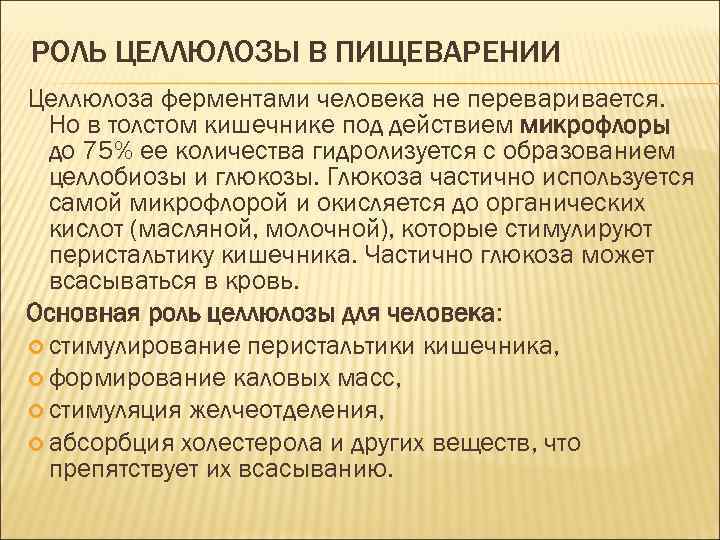 РОЛЬ ЦЕЛЛЮЛОЗЫ В ПИЩЕВАРЕНИИ Целлюлоза ферментами человека не переваривается. Но в толстом кишечнике под