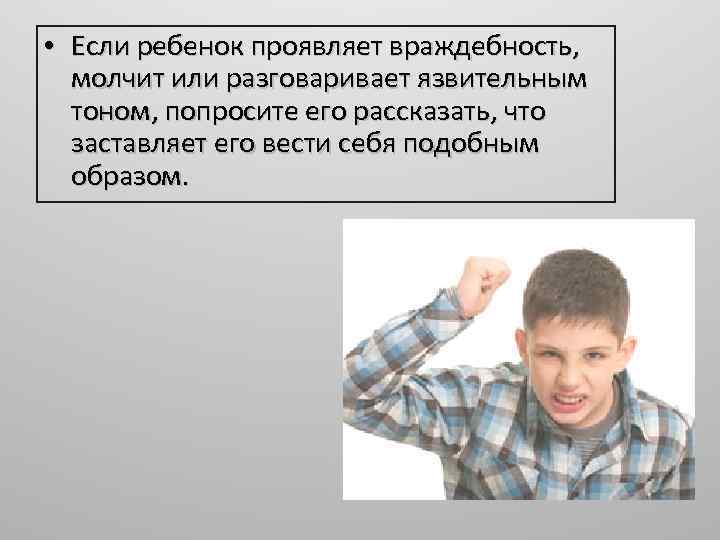  • Если ребенок проявляет враждебность, молчит или разговаривает язвительным тоном, попросите его рассказать,