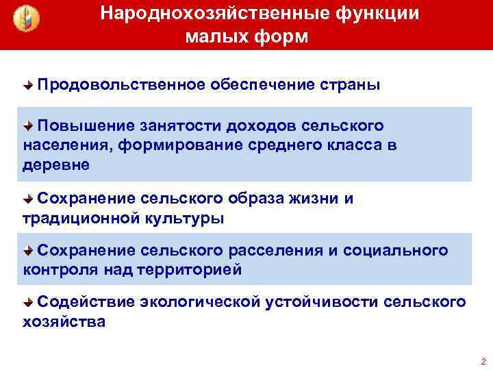 Народнохозяйственные функции малых форм Продовольственное обеспечение страны Повышение занятости доходов сельского населения, формирование среднего