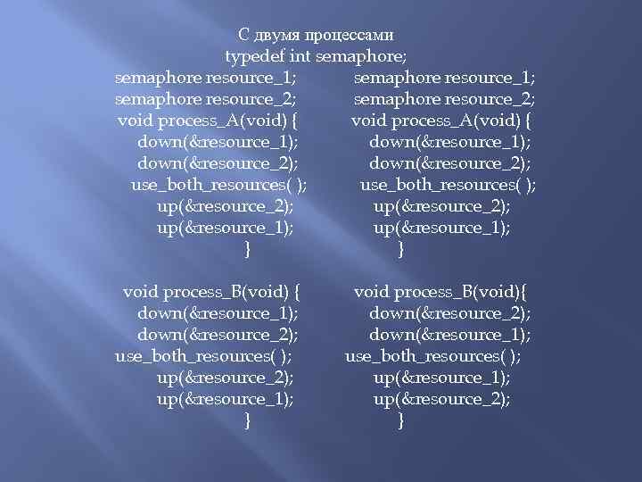 С двумя процессами typedef int semaphore; semaphore resource_1; semaphore resource_2; void process_A(void) { down(&resource_1);