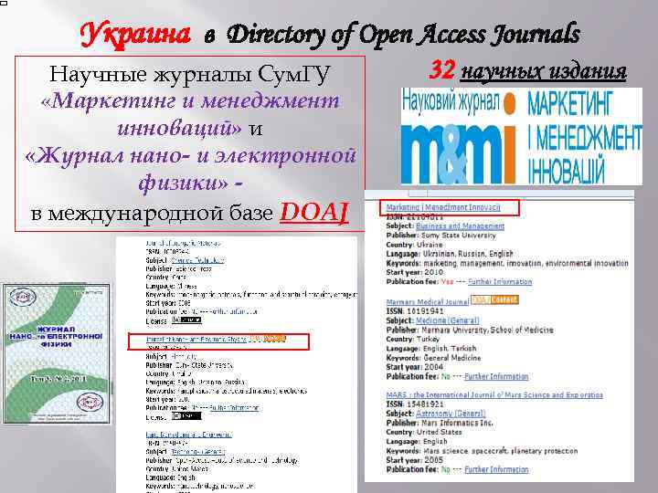 Украина в Directory of Open Access Journals Научные журналы Сум. ГУ «Маркетинг и менеджмент