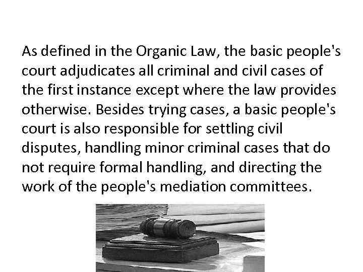 As defined in the Organic Law, the basic people's court adjudicates all criminal and
