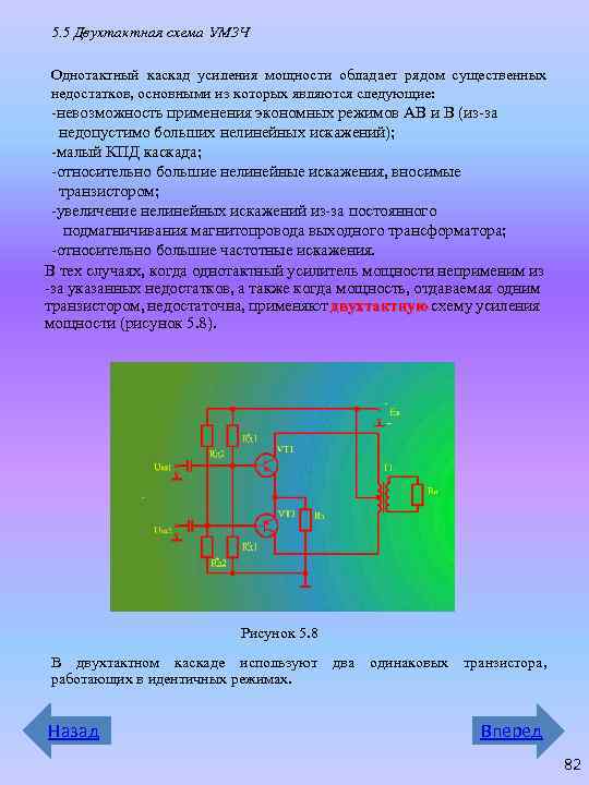 5. 5 Двухтактная схема УМЗЧ Однотактный каскад усиления мощности обладает рядом существенных недостатков, основными