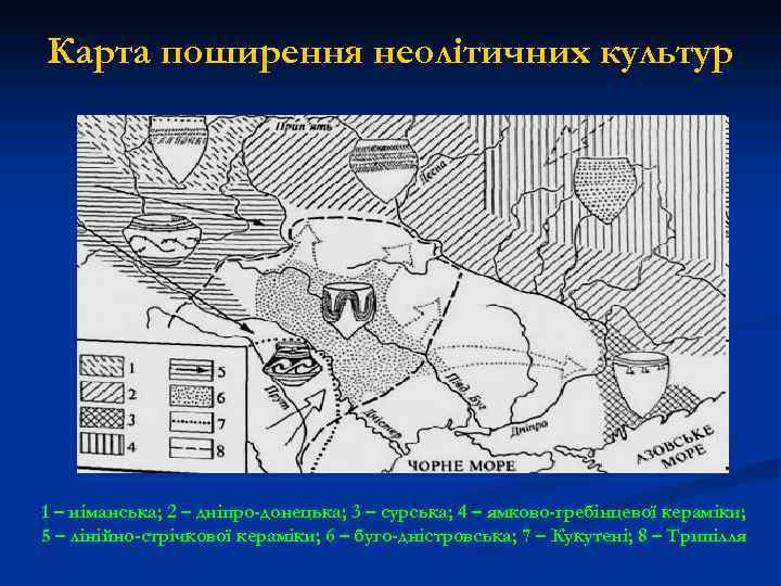 Карта поширення неолітичних культур 1 – німанська; 2 – дніпро-донецька; 3 – сурська; 4