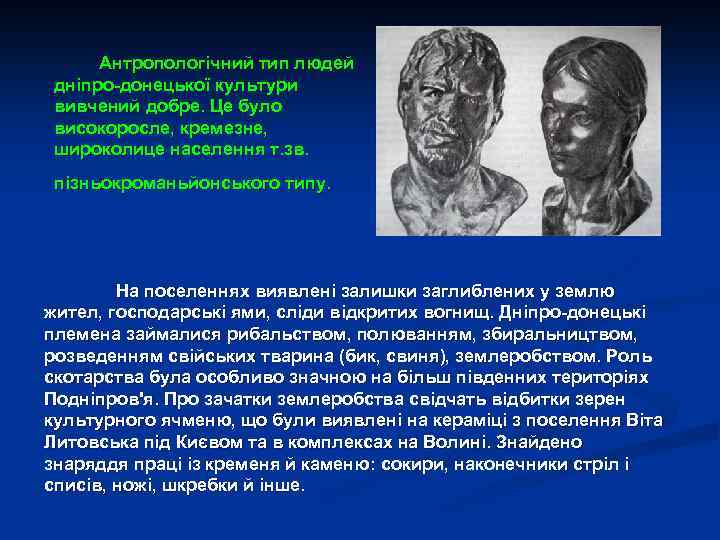 Антропологічний тип людей дніпро-донецької культури вивчений добре. Це було високоросле, кремезне, широколице населення т.