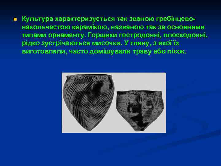 n Культура характеризується так званою гребінцевонакольчастою керамікою, названою так за основними типами орнаменту. Горщики