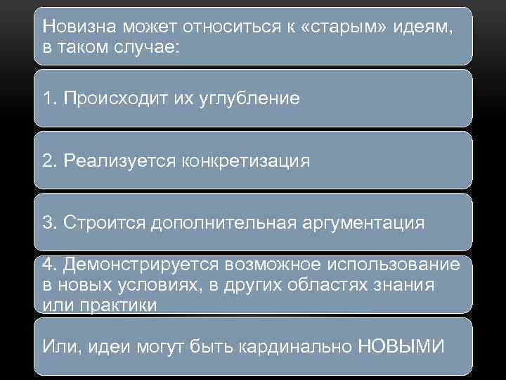 Новизна может относиться к «старым» идеям, в таком случае: 1. Происходит их углубление 2.