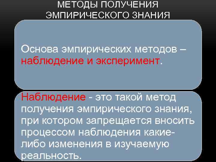 МЕТОДЫ ПОЛУЧЕНИЯ ЭМПИРИЧЕСКОГО ЗНАНИЯ Основа эмпирических методов – наблюдение и эксперимент. Наблюдение - это