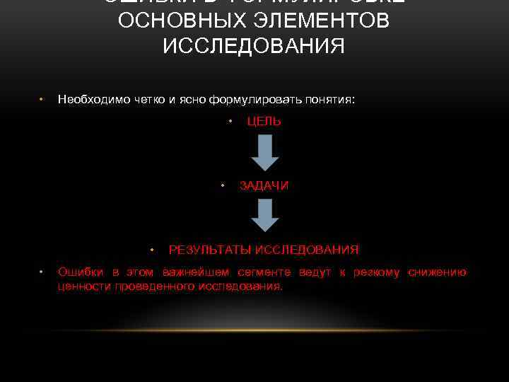 ОШИБКИ В ФОРМУЛИРОВКЕ ОСНОВНЫХ ЭЛЕМЕНТОВ ИССЛЕДОВАНИЯ • Необходимо четко и ясно формулировать понятия: •