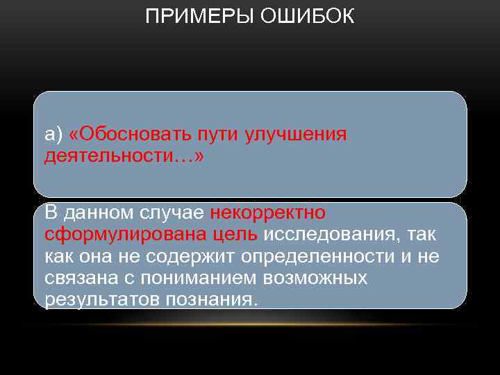 ПРИМЕРЫ ОШИБОК а) «Обосновать пути улучшения деятельности…» В данном случае некорректно сформулирована цель исследования,