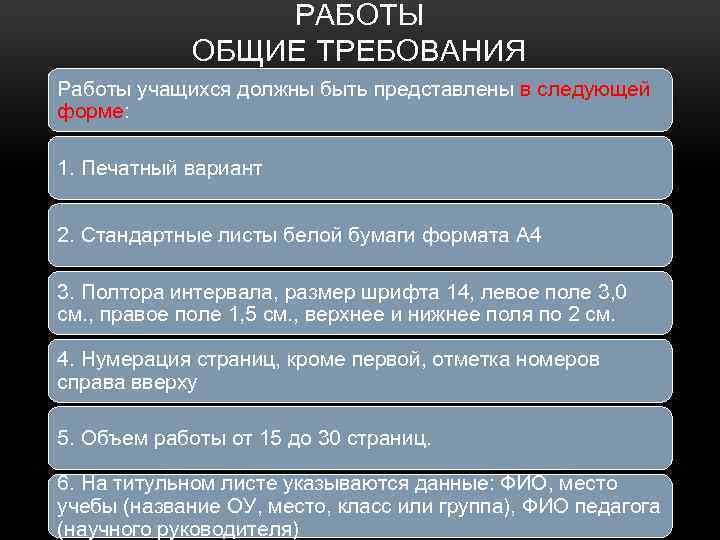 РАБОТЫ ОБЩИЕ ТРЕБОВАНИЯ Работы учащихся должны быть представлены в следующей форме: 1. Печатный вариант