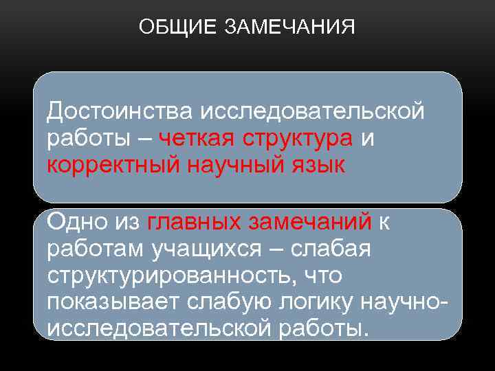 ОБЩИЕ ЗАМЕЧАНИЯ Достоинства исследовательской работы – четкая структура и корректный научный язык Одно из