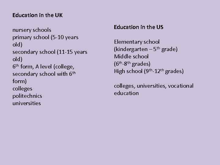 Education in the UK nursery schools primary school (5 -10 years old) secondary school