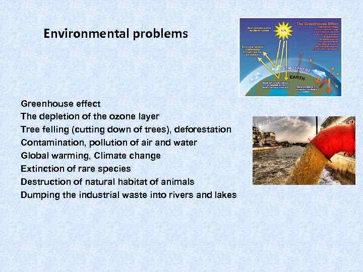 Environmental problems Greenhouse effect The depletion of the ozone layer Tree felling (cutting down