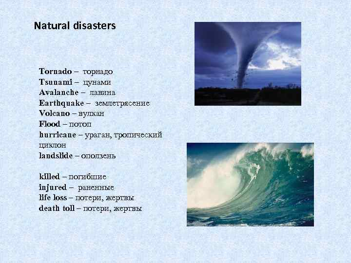 Fill in avalanche tornado pollution endangered