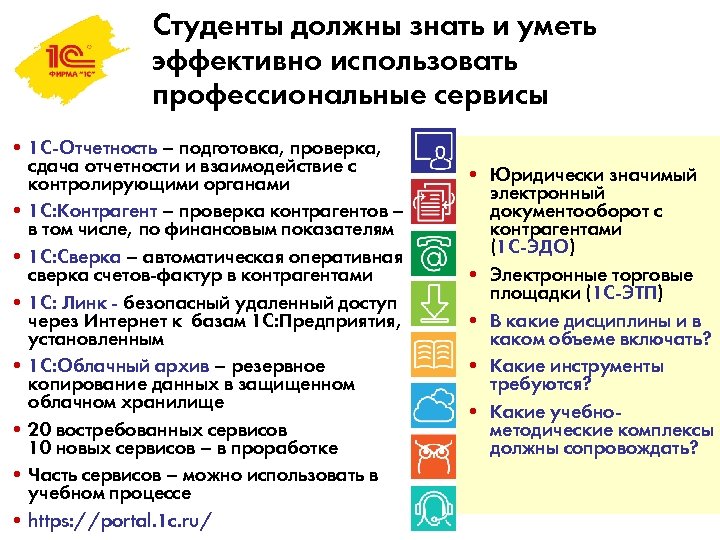 Студенты должны знать и уметь эффективно использовать профессиональные сервисы • 1 С-Отчетность – подготовка,