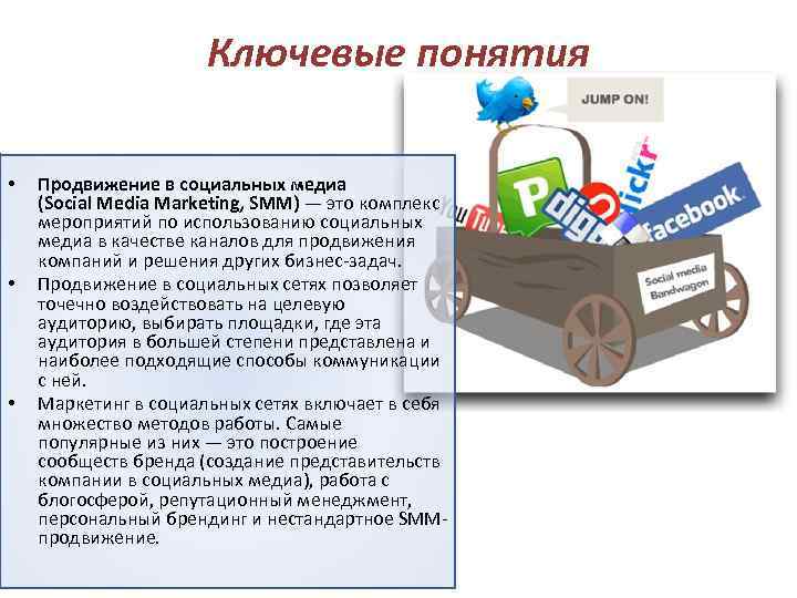 Ключевые понятия • • • Продвижение в социальных медиа (Social Media Marketing, SMM) —