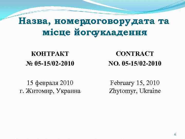 Назва, номердоговору, дата та місце його укладення КОНТРАКТ № 05 -15/02 -2010 CONTRACT NO.